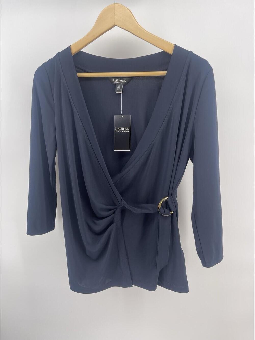 New Lauren Ralph Lauren Women's M Navy Blue Surplice Stretch Jersey Top NWT